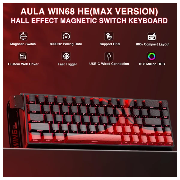 AULA WIN68HE Black/Red Magnetic Switch Keyboard thumbnail 3