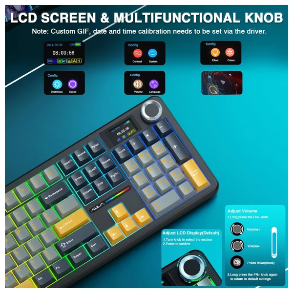 AULA F108 Pro Gray Yellow Reaper Switch Wireless Keyboard thumbnail 11