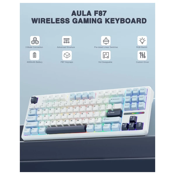 AULA F87 Gasket Gray Wood Switch V3 Mechanical Keyboard thumbnail 7