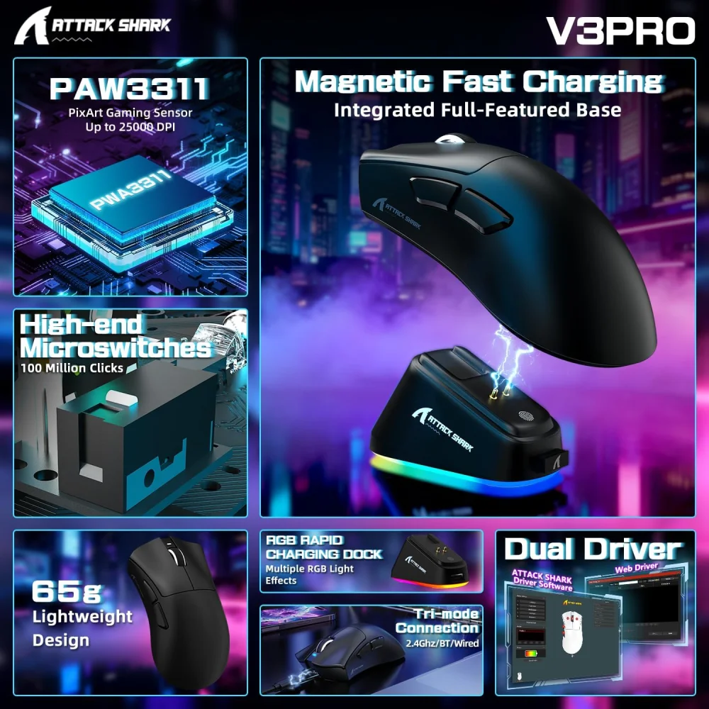 Attack Shark V3PRO UltraLight Black Wireless Gaming Mouse thumbnail 3