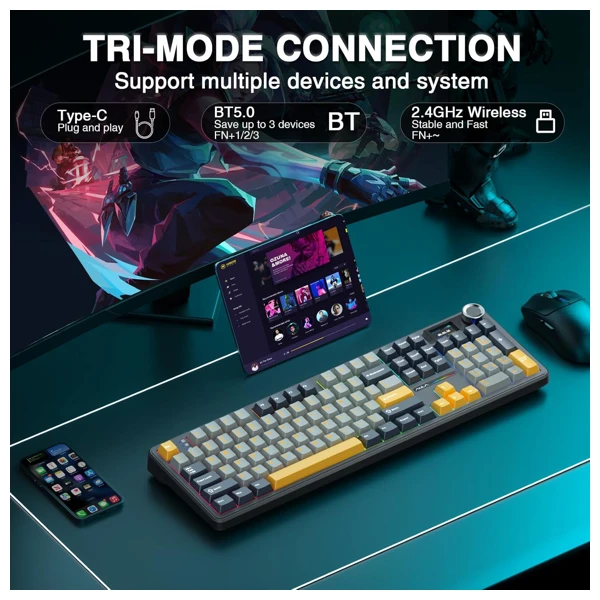 AULA F108 Pro Gray Yellow Reaper Switch Wireless Keyboard thumbnail 10