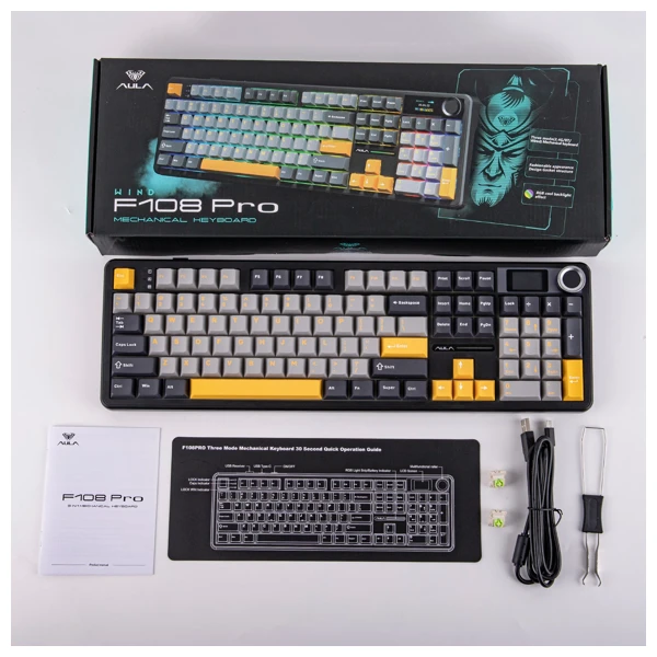 AULA F108 Pro Gray Yellow Reaper Switch Wireless Keyboard thumbnail 7