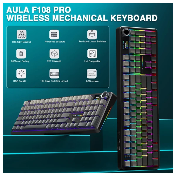 AULA F108 Pro Gradient Gray Zephyr Switch Wireless Keyboard thumbnail 8